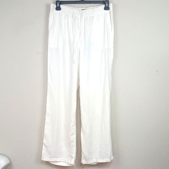 Kenar Women White Drawstring Straight Leg 100% Linen Pants sz L - Picture 1 of 8
